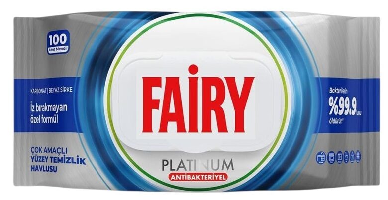 Fairy Platinum Antibacterial (blue) universālās virsmu tīrīšanas mitrās salvetes (100 gab.)