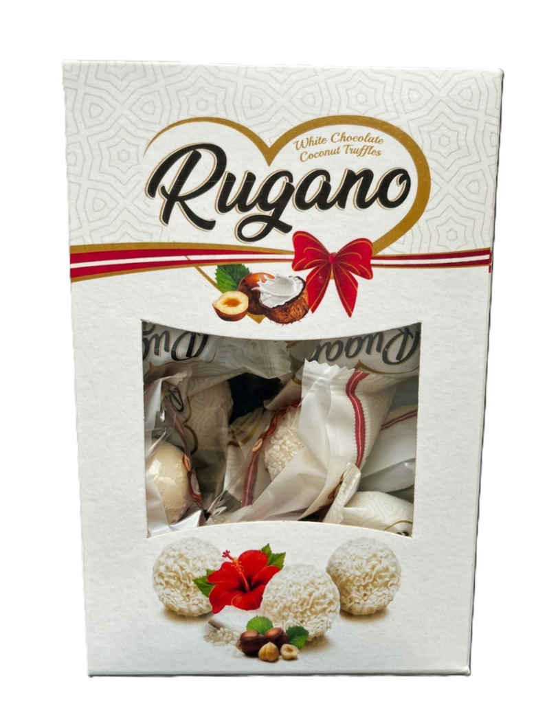 Antat Rugano baltojo šokolado kokosiniai triufeliai su pieno kremo ir lazdyno riešutų įdaru 250 g