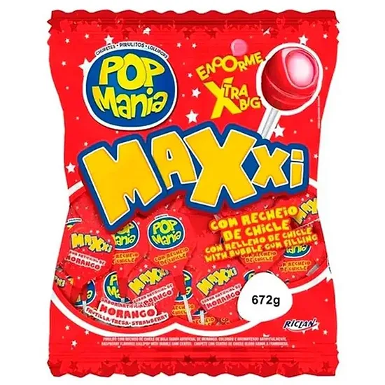 Pop Mania Maxxi Morango (red) maasikamaitselised pulgakommid närimiskummi täidisega, 672 g (24 tk)