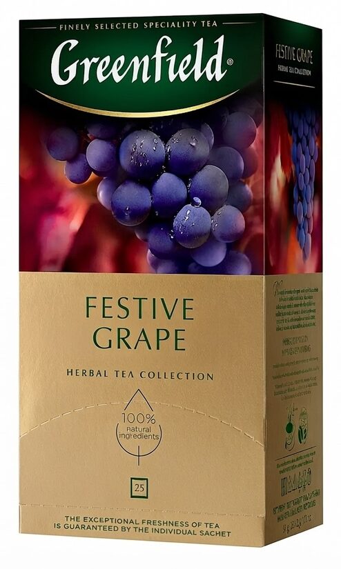 Greenfield Festive Grape tējas dzēriens ar vīnogu garšu un aromātu paciņās 50 g (25 gab.)