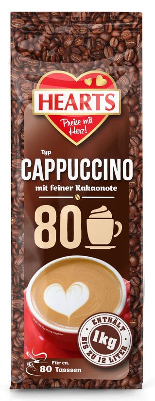Hearts Cappuccino mit feiner Kakaonote šķīstošais kapučīno dzēriens ar kakao garšu 1 kg