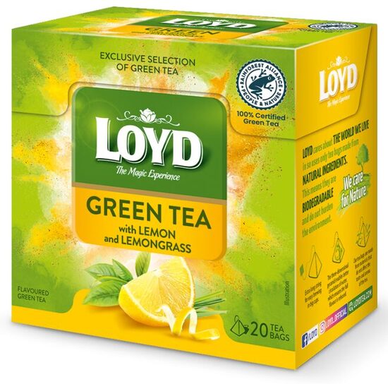Loyd Green Tea with Lemon and Lemongrass aromatizēta zaļā tēja ar citronu garšu un citronzāli paciņās 30 g (20 gab.)
