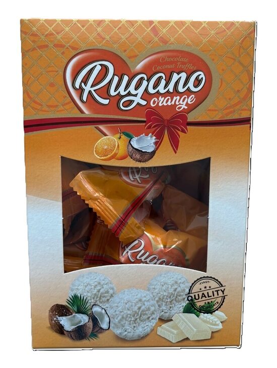 Antat Rugano Orange baltās šokolādes kokosriekstu trifeles ar krēma un apelsīnu gabaliņu pildījumu 250 g
