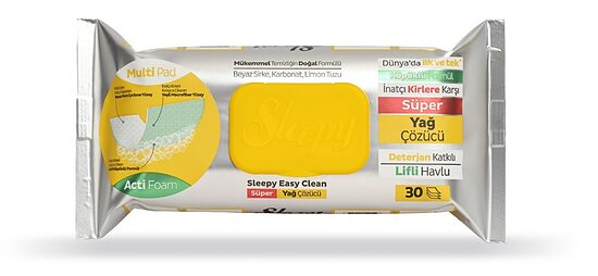 Sleepy Easy Clean Super Grease Remover (yellow) universalios dvipusės paviršių valymo drėgnos servetėlės virtuvei (30 vnt.)