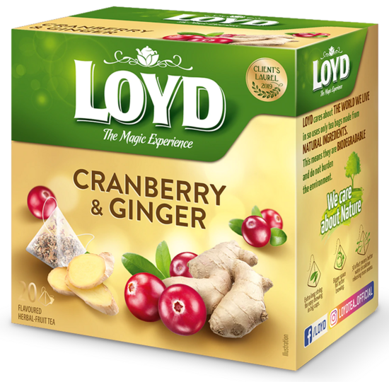 Loyd Cranberry & Ginger aromatizēts augu - augļu tējas dzēriens ar dzērveņu un ingvera garšu paciņās 40 g (20 gab.)