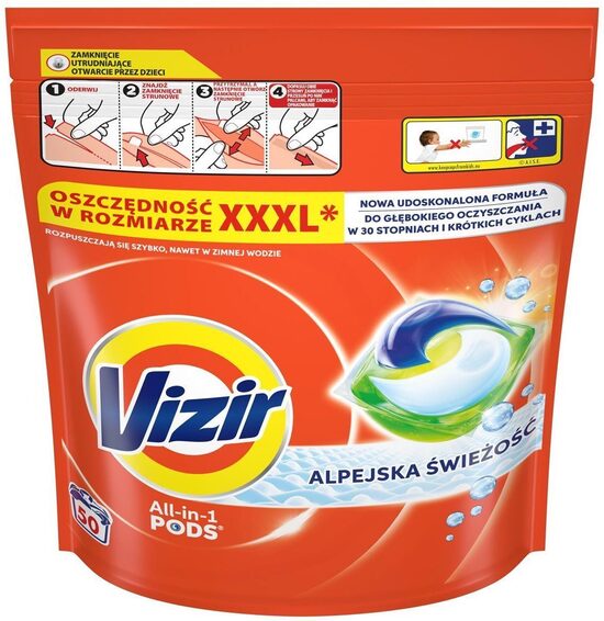 Vizir All In 1 Pods Alpine Fresh pesukapslid valge ja heleda pesu pesemiseks 50 tk.