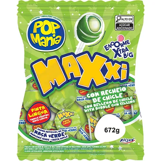 Pop Mania Maxxi Pinta Língua (green) rohelise õuna maitsega pulgakommid närimiskummi täidisega, 672 g (24 tk)