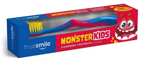 True Smile Monster Kids maasikamaitseline laste hambapasta koos hambaharjaga 75 ml