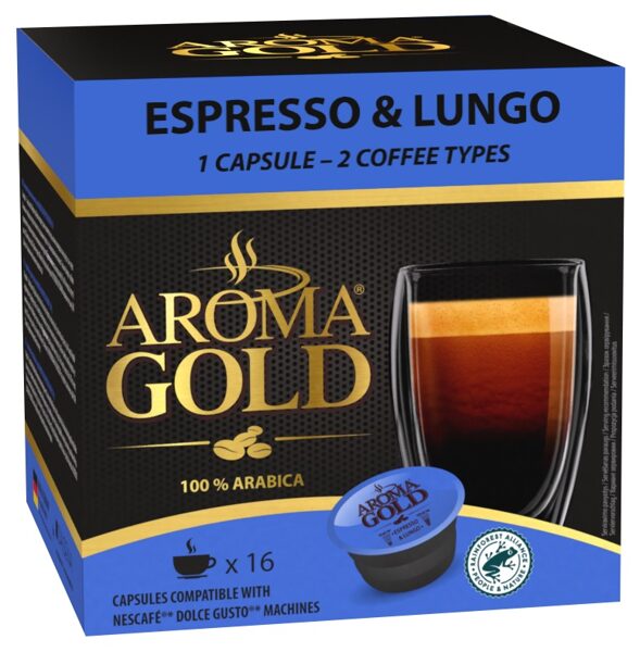 Aroma Gold Dolce Gusto Espresso & Lungo kafijas kapsulas 16 gab.