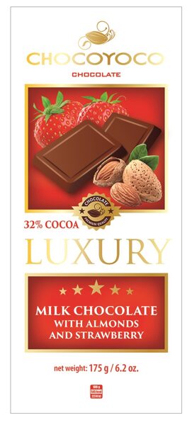 Chocoyoco Luxury piena šokolāde ar mandelēm un zemenēm 175 g