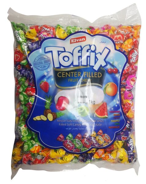 Elvan Toffix Center Filled Fruit Chew konfektes ar 6 veidu pildījumiem 1 kg