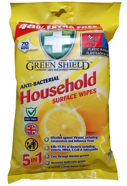 Green Shield Anti-Bacterial Household Surface antibakteriālās tīrīšanas salvetes mājsaimniecības virsmām (70 gab.)