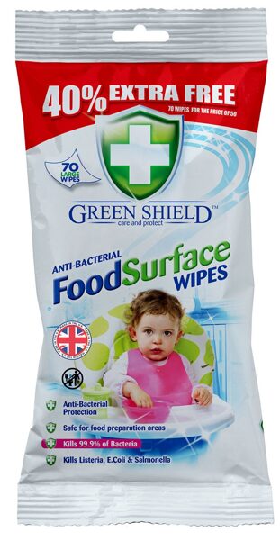 Green Shield Food Surface antibakterinės valymo servetėlės ​​(70 vnt.)