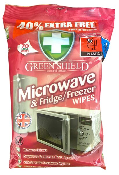 Green Shield Microwave & Fridge/Freezer tīrīšanas salvetes mikroviļņu krāsnīm un ledusskapjiem/saldētavām (70 gab.)