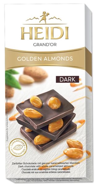 Heidi Grand'Or Dark Golden Almonds tamsus šokoladas su sveikais karamelizuotais migdolais 100 g