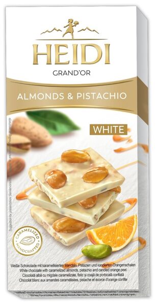 Heidi Grand'Or White Almonds & Pistachio baltasis šokoladas su sveikais karamelizuotais migdolais, cukruota apelsino žievele ir pistacijomis 100 g