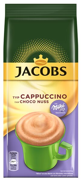 Jacobs Cappuccino Choco Nuss greitai paruošiamas kapučino gėrimas su šokolado ir riešutų skoniu 500 g