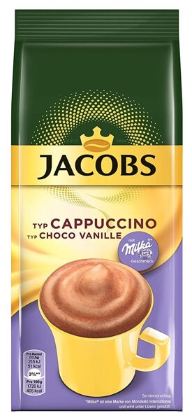 Jacobs Cappuccino Choco Vanille šķīstošais kapučīno dzēriens ar šokolādes un vaniļas garšu 500 g